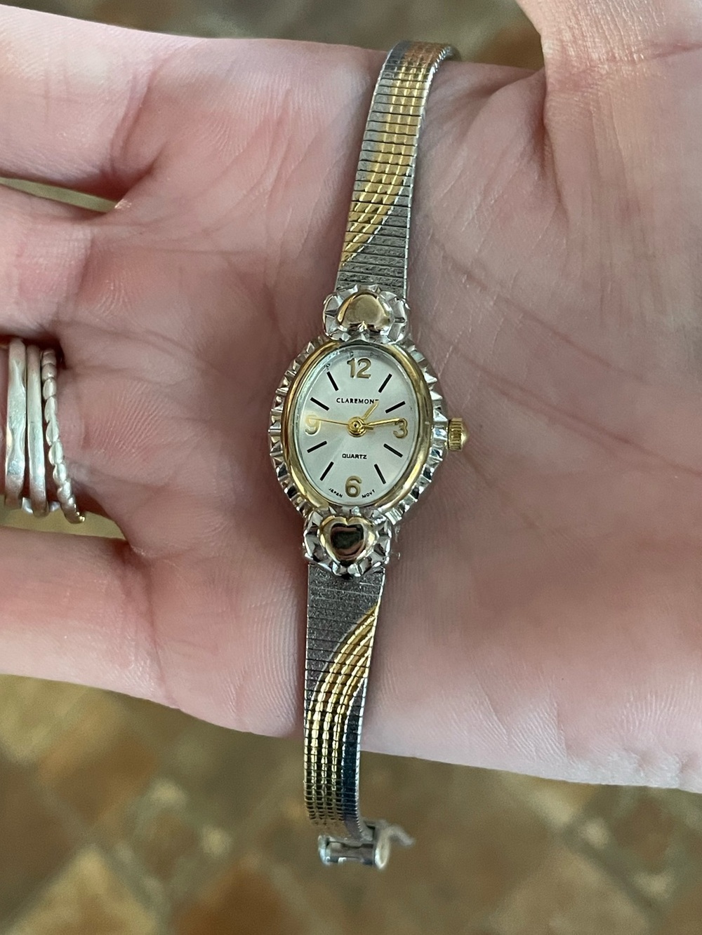 Vintage Two Tone Women's Heart Accent Bracelet Watch In Gold & Silver